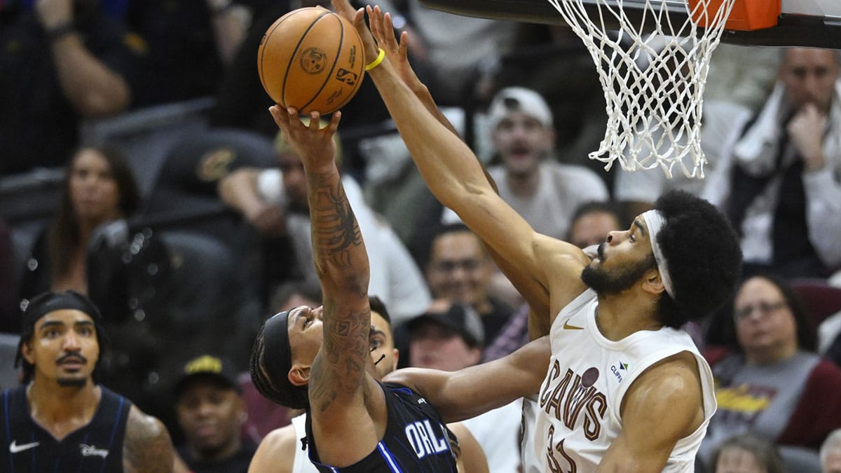 Apr 22, 2024; Cleveland, Ohio, USA; Cleveland Cavaliers center Jarrett Allen (31) blocks a shot by Orlando Magic forward Paolo Banchero (5) in the fourth quarter during game two of the first round of the 2024 NBA playoffs at Rocket Mortgage FieldHouse. Mandatory Credit: David Richard-USA TODAY Sports